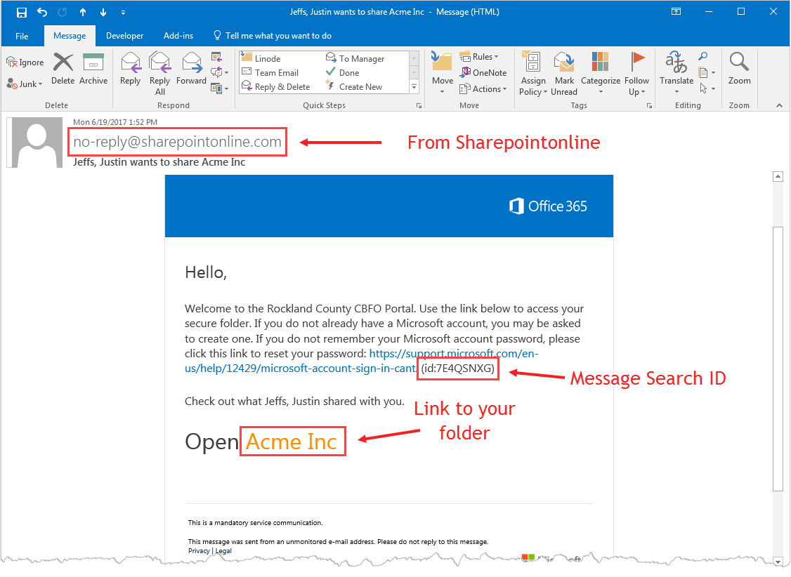 Sample CBFOP Email showing sender email address: no-replay@sharepointonline.com, Example Message search ID id example (id:7E4QSNXG), Also shows link to folder "Open Acme Inc"